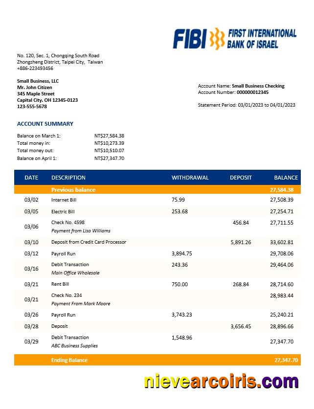 FIBI Bank enterprise account statement Word and PDF templat